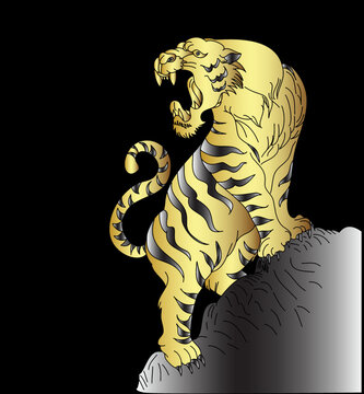 Tiger Sticker tattoo design,Cartoon tiger on black background.Vector