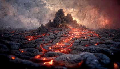 Lava was in the cracks of the earth to view the texture of the glow of volcanic magma in the cracks - obrazy, fototapety, plakaty