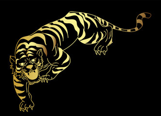 Tiger Sticker tattoo design,Cartoon tiger on black background.Vector