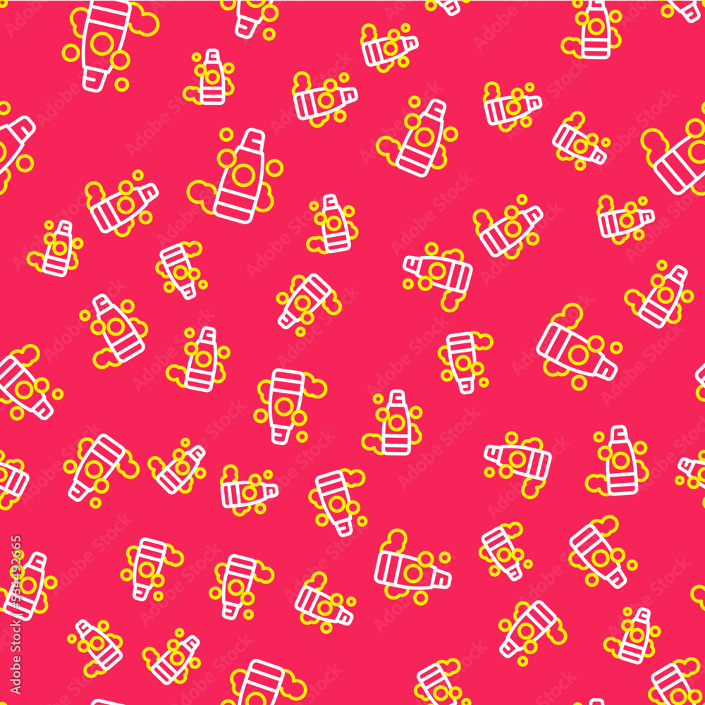Aufkleber line bottle of shampoo icon isolated seamless pattern on red background. vector