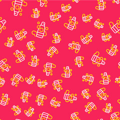Line Bottle of shampoo icon isolated seamless pattern on red background. Vector