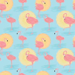 Pink flamingo and sun on blue background seamless pattern.