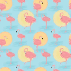 Papier Peint photo Flamingo Pink flamingo and sun on blue background seamless pattern.