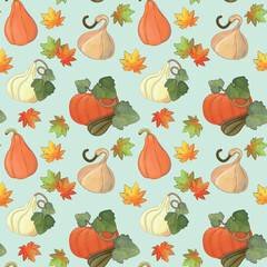 Fall seamless pattern. Autumn pattern with maple leaves and pumpkins for wrapping paper, wallpapers, fabrics.