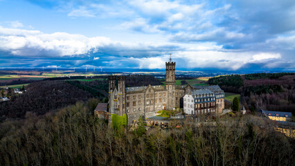 Fototapeta na wymiar Aerial view, Schaumburg Castle, Balduinstein, Limburg an der Lahn region, Westerwald, Rhineland-Palatinate, Germany