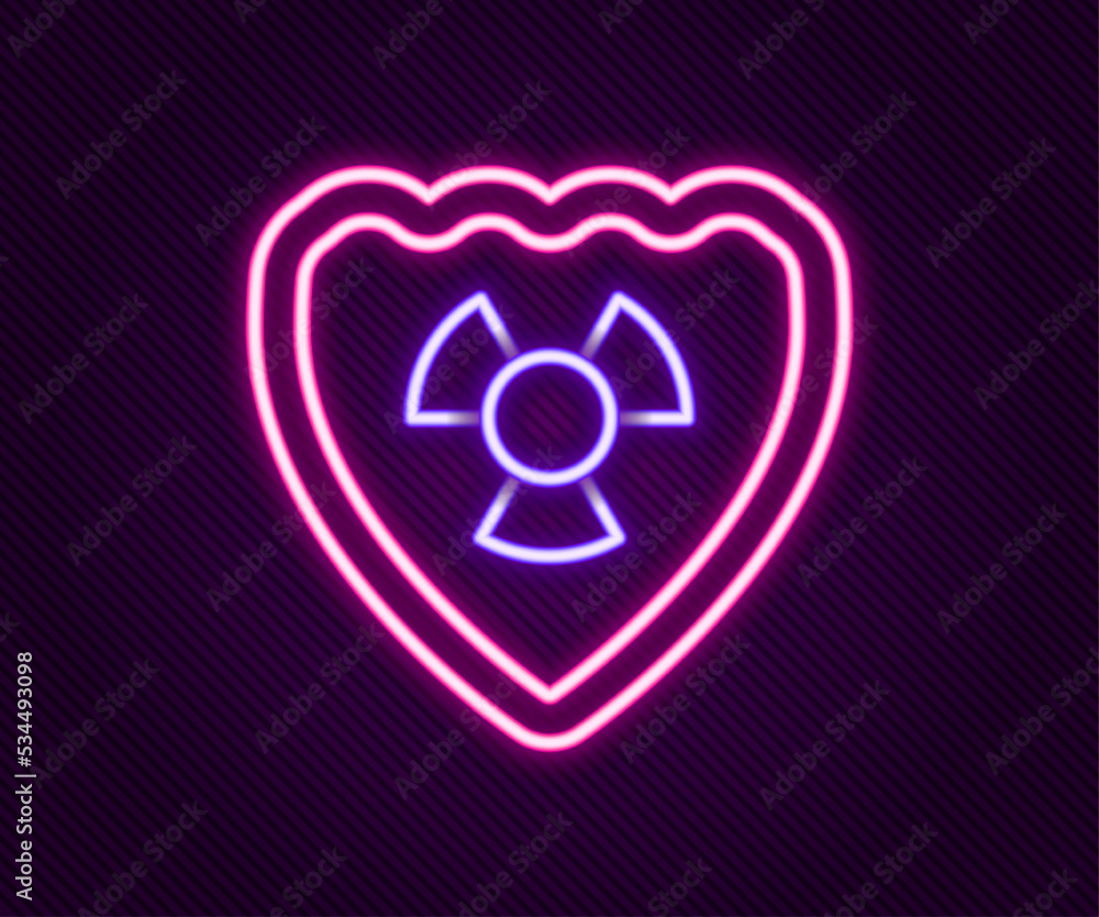 Poster glowing neon line radioactive in shield icon isolated on black background. radioactive toxic symbol.