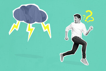 Creative collage illustration of horrified guy black white gamma running away thunderstorm cloud...