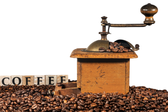 Old manual coffee grinder with roasted coffee beans and the text Coffee made of wooden blocks, isolated on transparent background, photography, png.