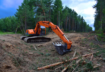 Excavator clearing forest for new development. Orange Backhoe modified for forestry work. Tracked heavy power machinery for forest and peat industry. Logging, road construction in forests © MaxSafaniuk