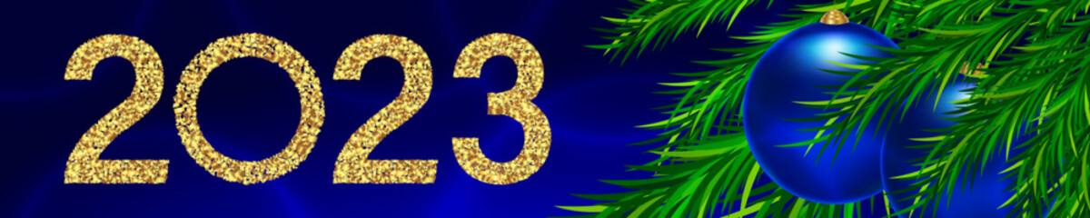 Christmas background with golden inscription 2023 and blue Christmas balls in fir branches. Banner for the site header for the New Year or Christmas. Vector holiday background