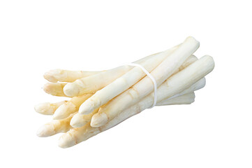Fresh ripe white asparagus in bunch isolated on a white background. Full Depth of field. Focus stacking - obrazy, fototapety, plakaty