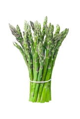 Fresh ripe green asparagus in bunch isolated on a white background. Full Depth of field. Focus stacking - obrazy, fototapety, plakaty