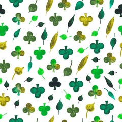Watercolor leaf's clover seamless background. Simple leaves. Aquarelle art. Ireland style. Luck symbol.
