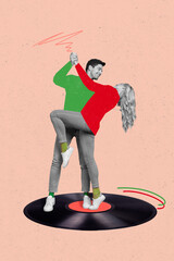 Vertical collage picture of two excited positive partners black white effect hold hands hug dancing big vinyl record
