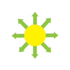 Yellow circle is a circle with lots of green arrows in different directions. Personal development, opportunities, growth, the concept of freedom of choice of opportunities. Flat design style