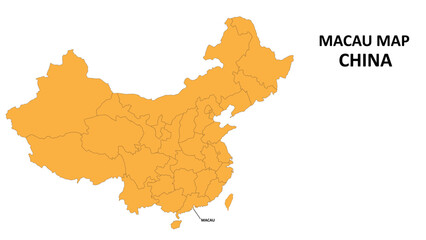 Macau province map highlighted on China map with detailed state and region outline.