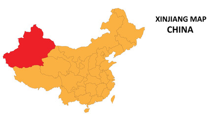 Xinjiang province map highlighted on China map with detailed state and region outline.