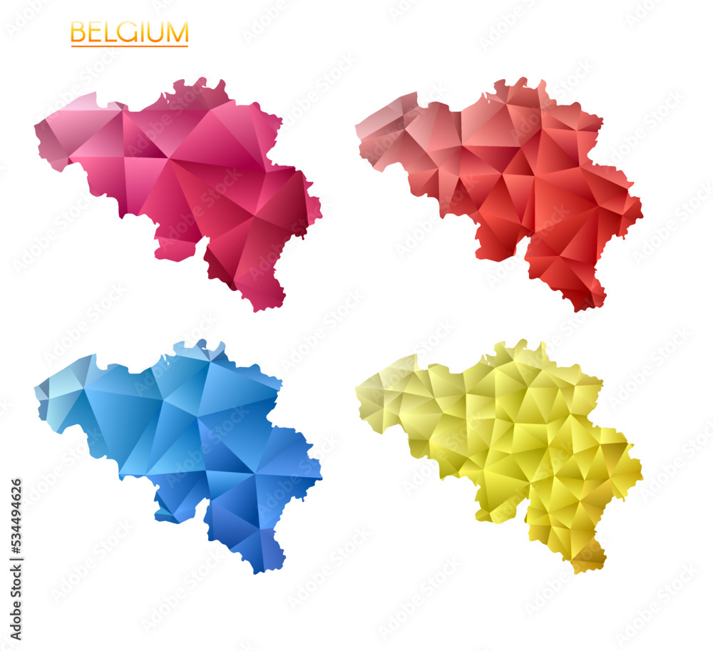 Poster set of vector polygonal maps of belgium. bright gradient map of the country in low poly style. multi