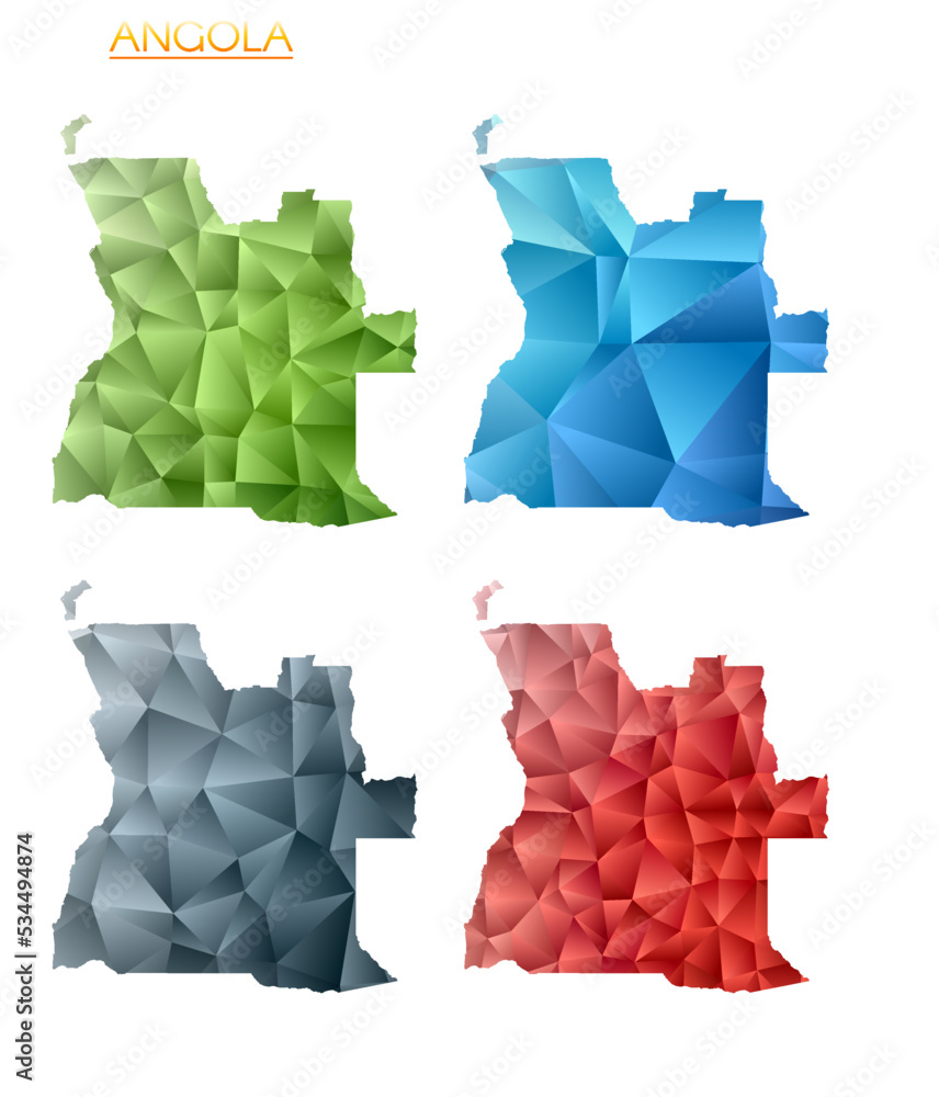 Poster Set of vector polygonal maps of Angola. Bright gradient map of country in low poly style. Multicolored Angola map in geometric style for your infographics. Beautiful vector illustration.