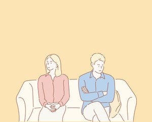 Couple avoid looking at each other after serious fight, man and woman not talking sit separately having disagreement. Hand drawn style vector design illustrations.