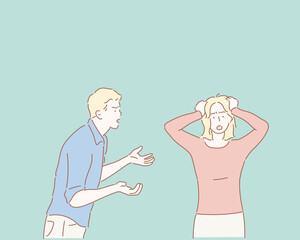 Unhappy couple arguing, upset woman tired of constant conflicts, addicted partner, bad relationships, frustrated girl ignoring boyfriend in anger. Hand drawn style vector design illustrations.