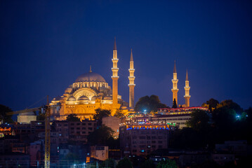 Istanbul Suleymaniye Mosque evening view. historical Suleymaniye Mosque. A work of architect Sinan. Selective focus.

