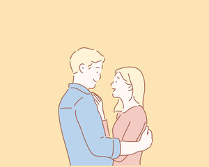 Loving couple looking into each others eyes as they stand holding each other in a moment of tenderness and smiling happily. Hand drawn style vector design illustrations.