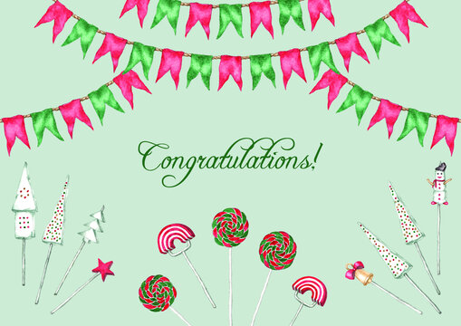 A watercolor group of flags hanging on ropes, diverse Christmas small things: marshmallows,candies,lollipops, jelly sweets in various forms and a writing “Congratulations!” on a light green background