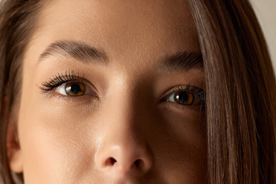 Close-up image of female face with brown eyes and smooth skin. Eyebrows and lashes lamination