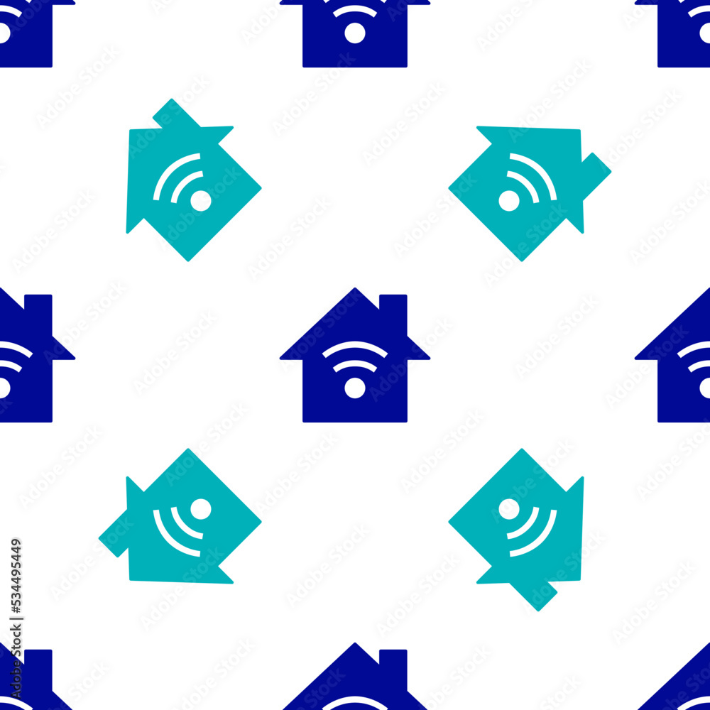 Poster blue smart home with wi-fi icon isolated seamless pattern on white background. remote control. vecto