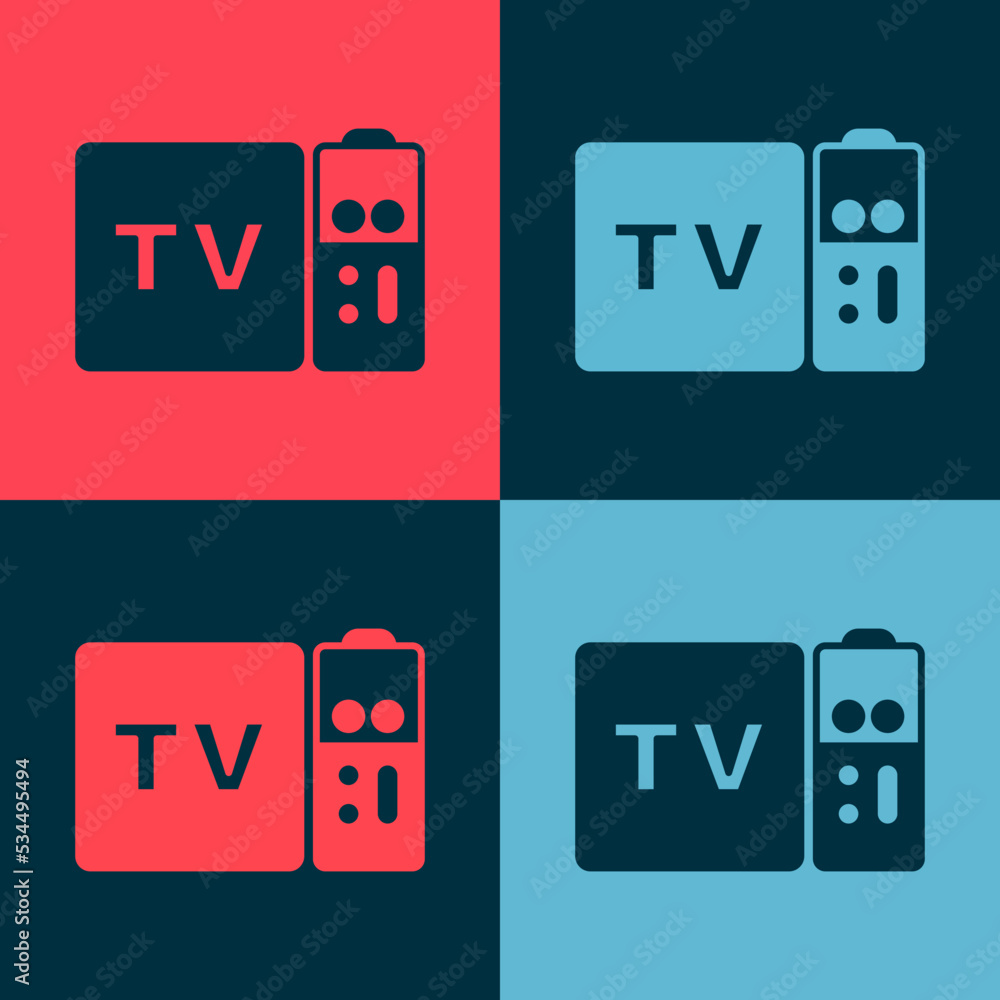 Poster Pop art Multimedia and TV box receiver and player with remote controller icon isolated on color background. Vector