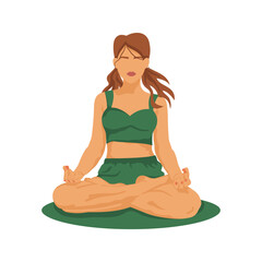 Woman sitting in lotus position, practicing meditation. Vector illustration in green colors for yoga, meditation and mindfulness, for healthy lifestyle. Padmasana yoga pose, woman in faceless style.