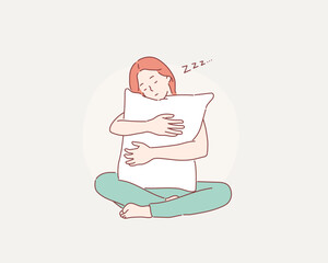 Girl embracing pillow. Hand drawn style vector design illustrations.