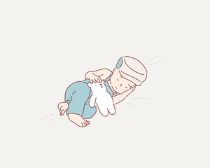 Sleeping baby in bed, holding a teddy bear. Hand drawn style vector design illustrations.