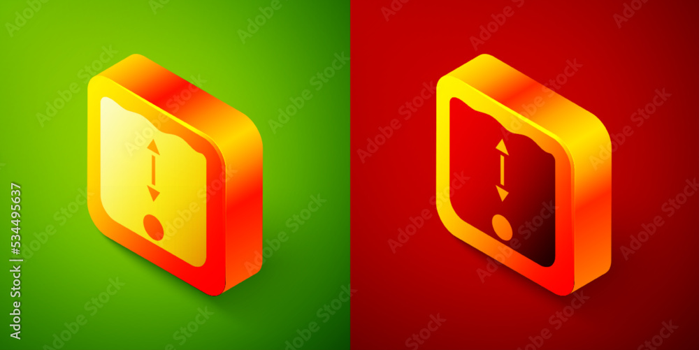 Poster isometric depth measurement icon isolated on green and red background. water depth. square button. v