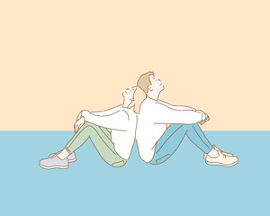 Happy Young couple looking up. Hand drawn style vector design illustrations.