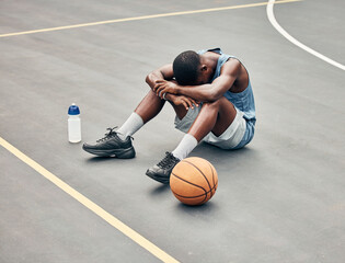 Basketball man, sports burnout and game fatigue on court sport training, muscle injury from...