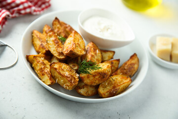 Roasted potato wedges with cheese and spices