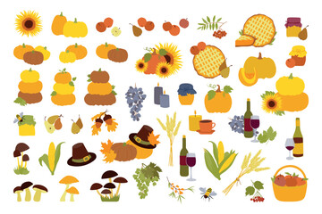 Thanksgiving illustration set. Pumpkins, pie and wine, autumn mushrooms, fall harvest vegetables and fruits. Flat vector icons Happy Thanks giving day illustrations isolated on white background.