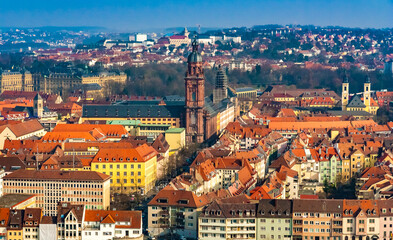 Nice panoramic view of Würzburg, Germany. The front tower of the former university church Neubaukirche is the highest church tower in the city. Visible from afar, it characterizes the city silhouette.