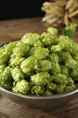 Fresh green hops in sieve on wooden table, closeup