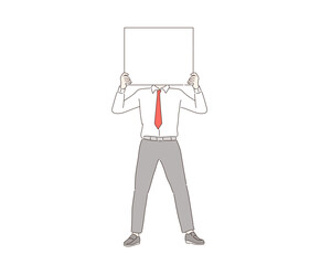 Businessman standing and holding in front of his head a white paper with copy space. Hand drawn style vector design illustrations.