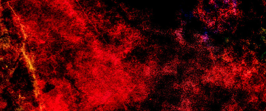 Abstract Red Powder On Black Background. Dark Grunge Textured Red Concrete Wall Background. Colorful Dirty Rustic Fire Red Texture. Dark Slate Background Toned Classic Red Color.