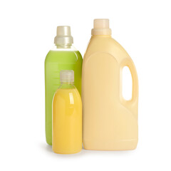 Different bottles with detergents on white background