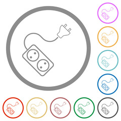 Portable electrical outlet with two sockets and extension cord and plug outline flat icons with outlines