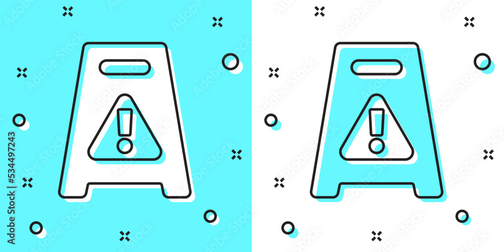 Poster Black line Wet floor and cleaning in progress icon isolated on green and white background. Cleaning service concept. Random dynamic shapes. Vector