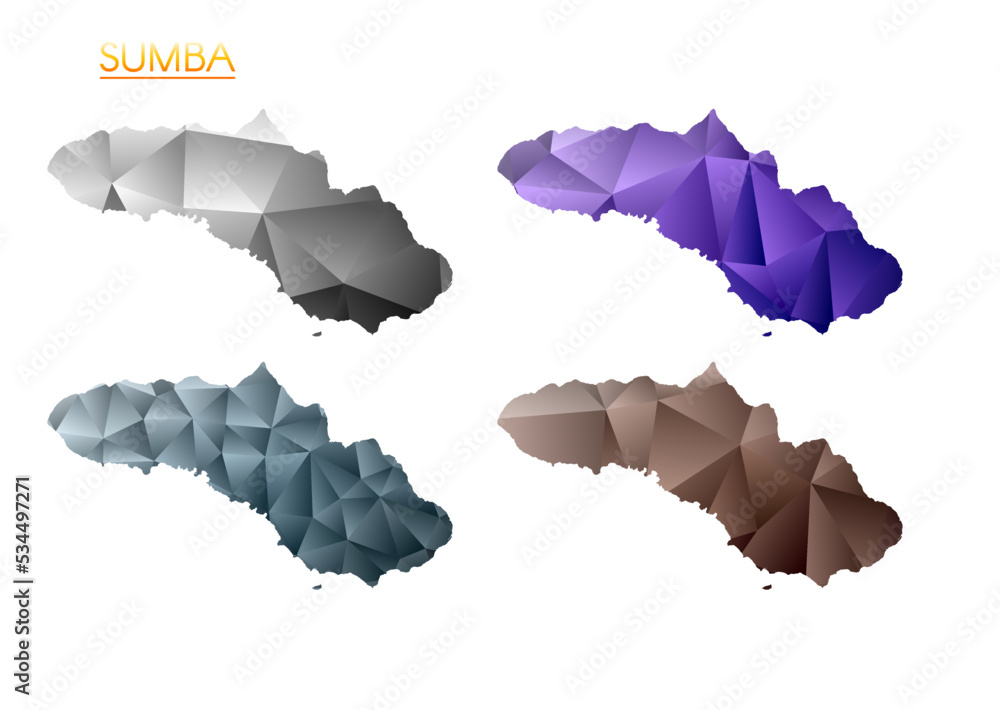 Poster set of vector polygonal maps of sumba. bright gradient map of the island in a low poly style. multic