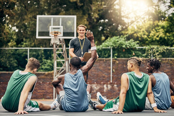 Basketball coaching, training meeting and team with question for coach during sports on outdoor...