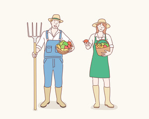 Farmers, man and woman, cartoon characters, set. Beautiful lady gardener with basket full of vegetables and handsome gardener with apple. Hand drawn style vector design illustrations.