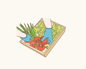 Woman wearing gloves with fresh vegetables in the box in her hands. Close up. Hand drawn style vector design illustrations.